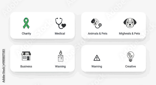 Set of icons: charity, medical, pets, business, warning, creative