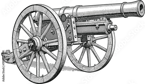 Vintage black and white engraving of a historical military cannon on a wheeled carriage used in ancient warfare and artillery battles