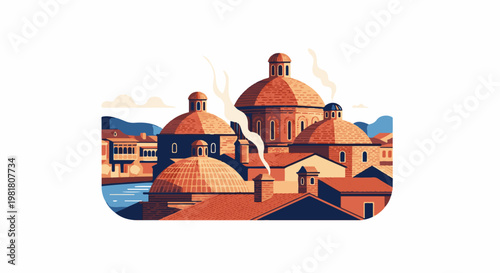 Red domed buildings with smoke rising from chimneys beside a blue waterway