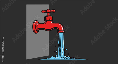 Red faucet attached to wall, streams water onto floor