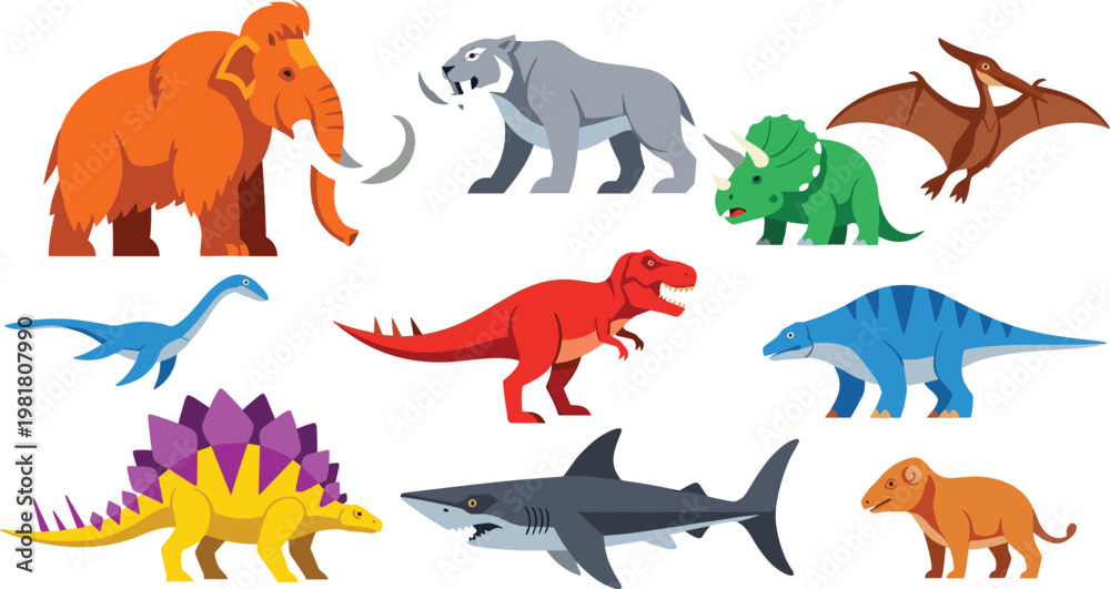 Obraz premium Prehistoric Animals Vector Set Featuring Mammoths, Dinosaurs, and Other Extinct Creatures for Creative Illustrations and Designs