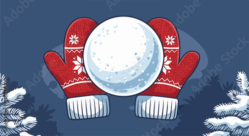 Red mittens holding a large snowball, with snowy trees in background
