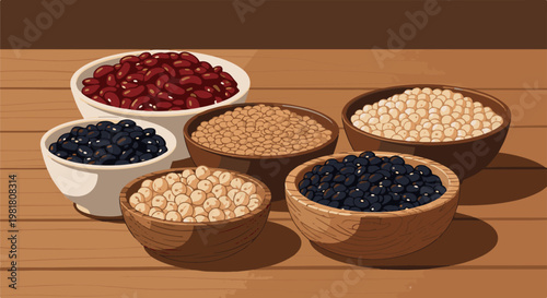 Pixel art bowls overflowing with various types of beans on a wooden table