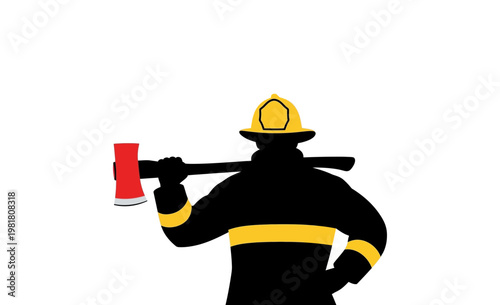 Illustration of a firefighter holding an axe over their shoulder, symbolizing bravery and emergency response services, ideal for safety campaigns and occupational themes