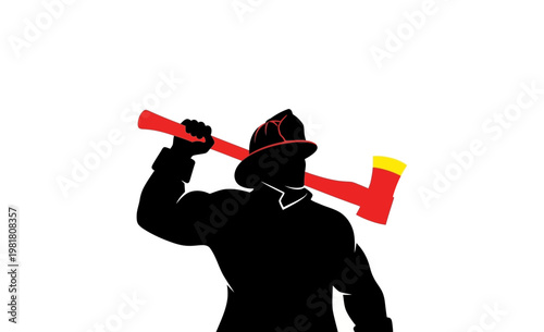 Valiant firefighter silhouette with an axe over the shoulder, symbolizing courage, swift emergency response, and dedicated protection in fire rescue operations