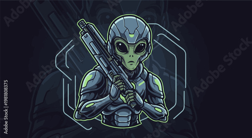 Pixelated alien in futuristic armor holds a complex weapon