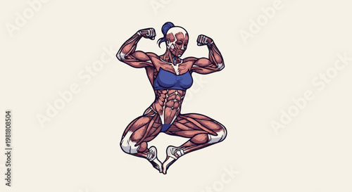 Pixel art anatomical female flexing muscles, in a squatting pose