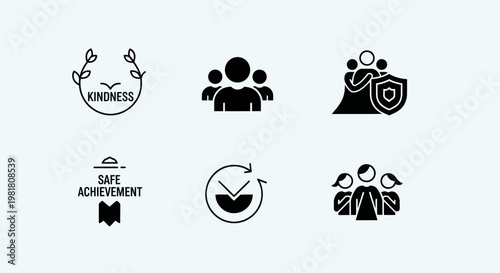 Set of Icons: Kindness, Teamwork, Safety, Achievement, Community