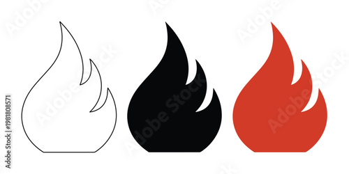 Minimalist Fire Flame Icon Set, three distinct vector illustrations of a burning fire symbol, perfect for safety warnings, hot product labels, or energy indicators, in outline, solid black