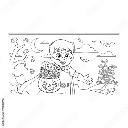 Black and white coloring page line art of a happy boy trick or treating