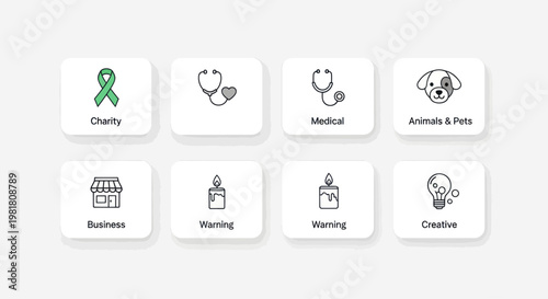 Set of icons representing charity, medical, animals, business, and creative ideas