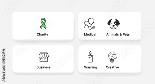 Set of Icons Representing Charity, Medical, Animals, Business, Warning, and Creative Ideas