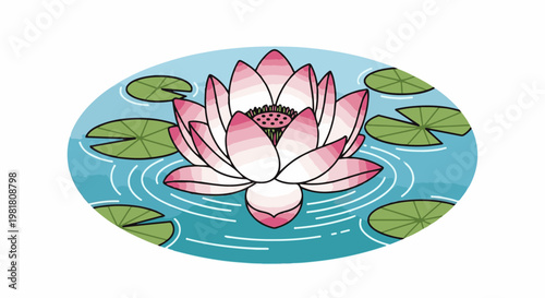 Pink lotus flower blooming on rippling water with green lily pads