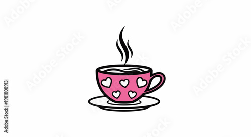 Pink heart-decorated coffee cup with steam on saucer