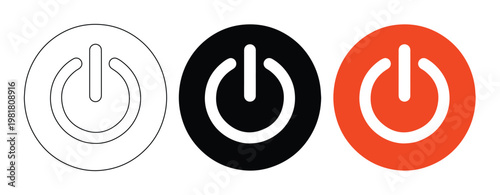 Power button icon set, modern on/off switch symbols, three distinct vector illustrations for user interfaces and web design, black, white, and red variations