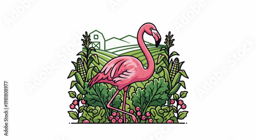 Pink flamingo stands amidst a colorful farm scene with corn and berries