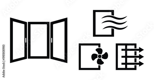 Window and ventilation vector icons, a set of black and white graphic symbols for air circulation and home climate control, ideal for architectural diagrams or smart home interfaces.