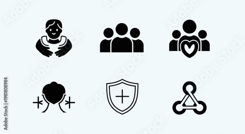 Set of icons representing health, community, family, and protection
