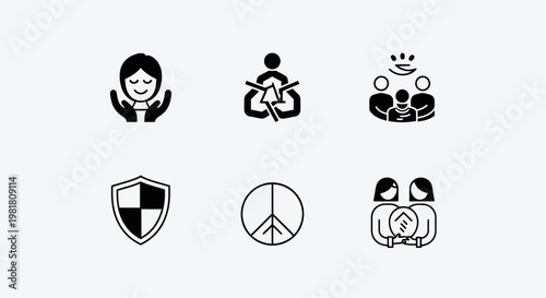 Set of Icons Representing Social Values: Care, Recycling, Teamwork, Safety, Peace, Unity