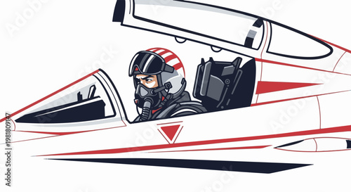 Pilot in cockpit of a red and white fighter jet, wearing helmet and mask