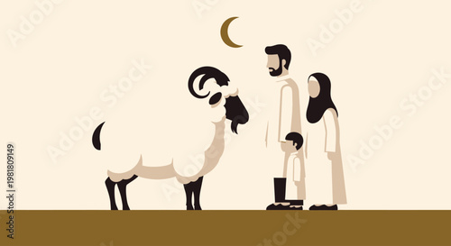 A conceptual flat design illustration symbolizing the Qurban sacrifice for Eid al-Adha, featuring a stylized animal alongside a Muslim family. This minimalist 2D vector artwork uses a limited color.