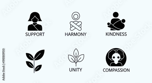 Set of Icons Representing Support, Harmony, Kindness, Unity, and Compassion