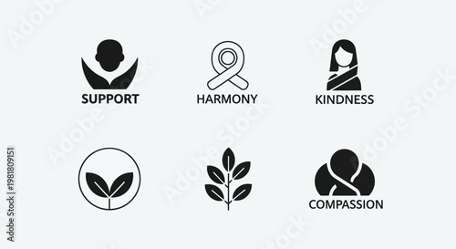 Set of Icons Representing Support, Harmony, Kindness, Nature, and Compassion