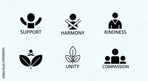 Set of icons representing social values: support, harmony, kindness, unity, compassion
