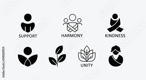 Set of Icons Representing Support, Harmony, Kindness, Unity, and Nature