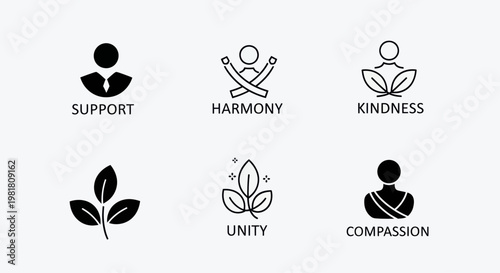 Set of Icons Representing Support, Harmony, Kindness, Unity, Compassion