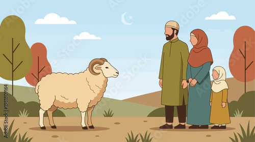 A conceptual flat design illustration symbolizing the Qurban sacrifice for Eid al-Adha, featuring a stylized animal alongside a Muslim family. This minimalist 2D vector artwork uses a limited color.