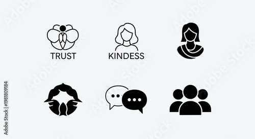 Set of Icons Representing Trust, Kindness, Communication, and Teamwork