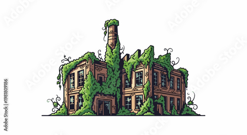 Pixel art of a brick factory overgrown with lush green vines
