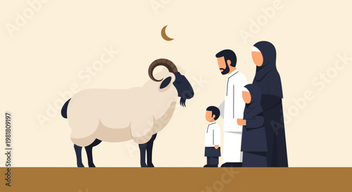 A conceptual flat design illustration symbolizing the Qurban sacrifice for Eid al-Adha, featuring a stylized animal alongside a Muslim family. This minimalist 2D vector artwork uses a limited color.