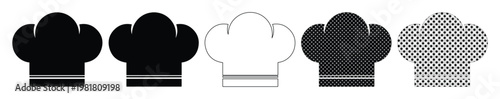 Chef Hat Icon Set, five black and white cook toque symbols, kitchen uniform vector graphics for restaurant branding, culinary arts, and food service design
