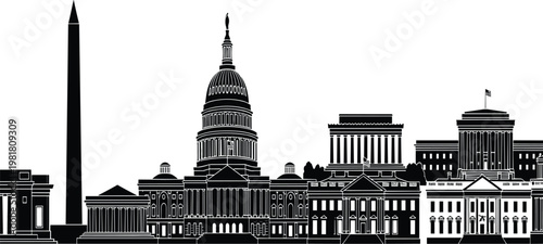 Washington DC city skyline vector icons set, featuring US Capitol, Washington Monument, and White House, black silhouette architectural symbols, isolated.