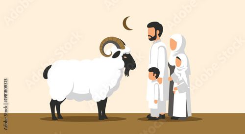 A conceptual flat design illustration symbolizing the Qurban sacrifice for Eid al-Adha, featuring a stylized animal alongside a Muslim family. This minimalist 2D vector artwork uses a limited color.