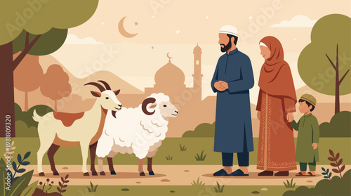 A conceptual flat design illustration symbolizing the Qurban sacrifice for Eid al-Adha, featuring a stylized animal alongside a Muslim family. This minimalist 2D vector artwork uses a limited color.