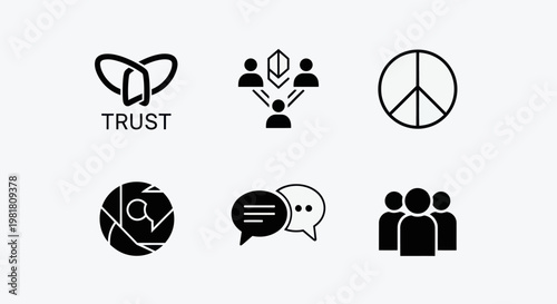 Set of Icons: Trust, Teamwork, Peace, Photography, Communication, People