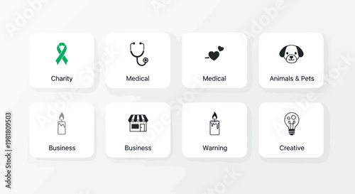 Set of modern icons representing charity, medical, business, pets, and creative ideas