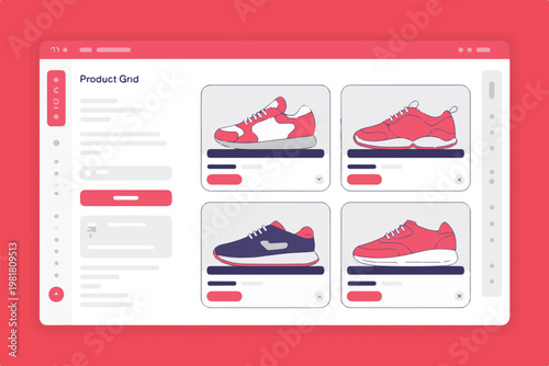 E commerce website interface showing product grid with athletic shoes and user dashboard for online footwear store application ui.