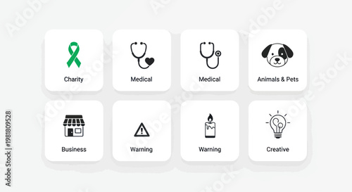 Set of Medical, Business, and Creative Icons: Charity, Animals, Warning, Candle, Lightbulb