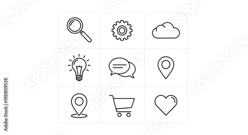 Set of nine simple line icons for web and app design