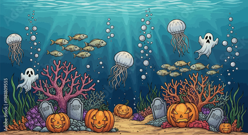Haunting underwater scene blending halloween elements with marine life Vector