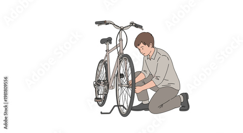 Person Fixing Flat Tire Kneeling Repair Activity Natural Color Illustration