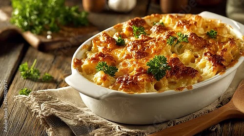A delicious golden-brown baked cauliflower cheese gratin, garnished with fresh parsley, served in a white oval dish on a rustic wooden table.