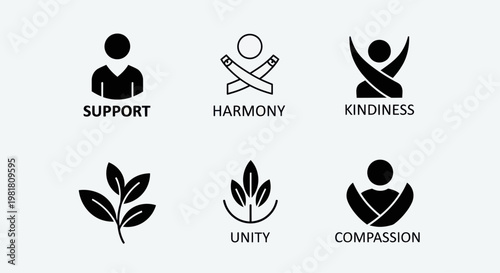 Set of Positive Icons: Support, Harmony, Kindness, Unity, Compassion, Nature