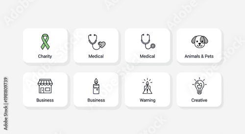 Set of Vector Icons: Charity, Medical, Business, Animals, Warning, Creative