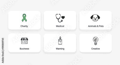 Six concept icons: Charity, Medical, Pets, Business, Warning, Creative ideas