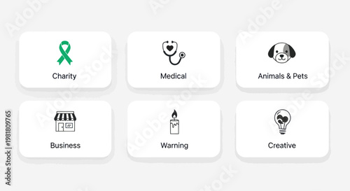 Simple Icons for Charity, Medical, Pets, Business, Warning, Creative Concepts